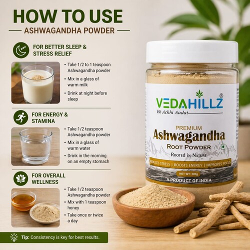 Premium and Natural Vedahillz Ashwagandha Powder Crafted from Fresh Roots for Vitality, Stress Relief, and Everyday Wellness
